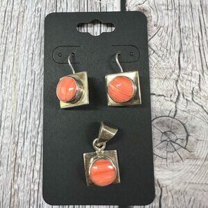 Sterling Silver Coral Stone Pendant & Earrings Set